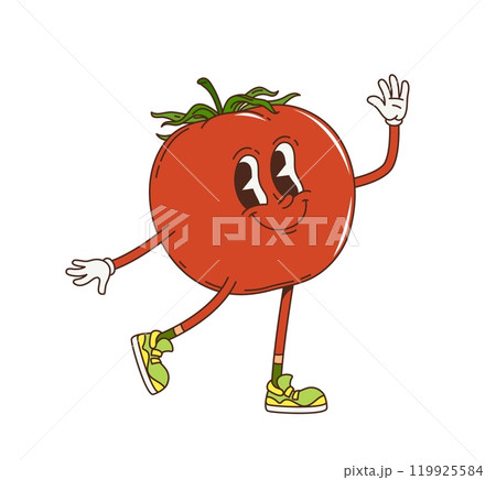 Cartoon groovy tomato vegetable character with vibrant red color, lively eyes and smiling face, wears sneakers and gloves, waving hand. Isolated vector ripe healthy tomato vegetable retro personage 119925584