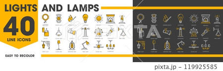 Lights and lamps outline icons. Streaming ring, traffic, street light, lightbulb and sunlight. Fireplace and candle, lighter and spotlight. Lighthouse, star projector, flashlight or wall lamp Lights and lamps outline icons. Streaming ring, traffic, street light, lightbulb and sunlight. Fireplace and candle, lighter and spotlight. Lighthouse, star projector, flashlight or wall lamp 119925585