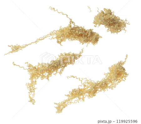 Pouring instant Noodle fall spill splash. Instant noodle fly in mid air. Noodle food is ramen Japanese soup Chinese. White background isolated Pouring instant Noodle fall spill splash. Instant noodle fly in mid air. Noodle food is ramen Japanese soup Chinese. White background isolated 119925596