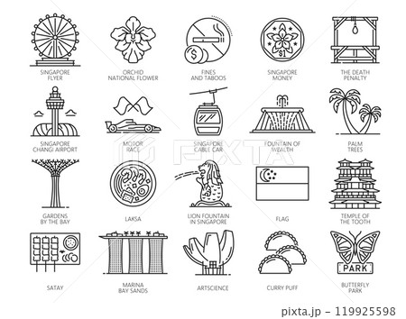 Singapore travel vacation icons with thin line landmarks. Vector Singapore flyer, flag, buildings of Marina Bay Sands and changi airport. Artscience museum, orchid and gardens by the bay outline signs 119925598