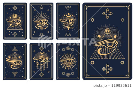 Magic tarot cards with mystic, esoteric, occult and astrology symbols in vector line celestial frames. Spiritual tarot cards back set with gold geometric pattern, Moon, eye of Horus and ankh symbols Magic tarot cards with mystic, esoteric, occult and astrology symbols in vector line celestial frames. Spiritual tarot cards back set with gold geometric pattern, Moon, eye of Horus and ankh symbols 119925611