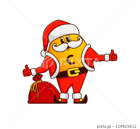 Groovy vitamin C cartoon Christmas Santa character with gifts bag, vector micronutrient emoji. Groovy vitamin C in Santa costume with happy face and gifts bag for Christmas or New Year character Groovy vitamin C cartoon Christmas Santa character with gifts bag, vector micronutrient emoji. Groovy vitamin C in Santa costume with happy face and gifts bag for Christmas or New Year character 119925612