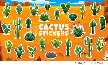 Mexican desert cactus succulent stickers or prickly saguaro plants, vector icons. Peyote and opuntia cactus, Texas desert canyon succulents with pricks and flowers for cartoon Mexican stickers 119925619