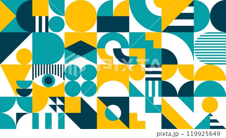 Yellow, blue, turquoise and white abstract geometric background with minimal graphic shapes and figures vector pattern. Modern art tile or cover with color lines, circles and triangles mosaic ornament Yellow, blue, turquoise and white abstract geometric background with minimal graphic shapes and figures vector pattern. Modern art tile or cover with color lines, circles and triangles mosaic ornament 119925649