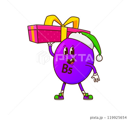 Christmas cartoon groovy vitamin B5 character with gift box for winter holiday, vector micronutrient. Funny groovy vitamin B5 in Santa hat with giftbox and happy face for Christmas and New Year emoji 119925654