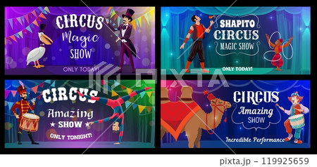 Circus banners for funfair carnival with performers and animals, vector cartoon. Tent marquee circus show posters with clown, monkey juggler and fire eater man with acrobat and funfair camel 119925659