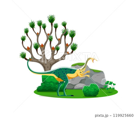 Elmisaurus prehistoric dinosaur character, genus of theropod dino from the Late Cretaceous. Isolated cartoon vector omnivore bipedal reptile animal at lush landscape with tree, rock and green plants Elmisaurus prehistoric dinosaur character, genus of theropod dino from the Late Cretaceous. Isolated cartoon vector omnivore bipedal reptile animal at lush landscape with tree, rock and green plants 119925660