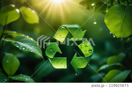 green recycling symbol on background of plants and leaves 119925673