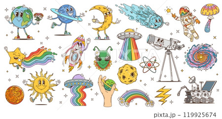 Cartoon groovy space characters of retro hippie psychedelic astronaut, alien, UFO, rocket and planets. Vintage trippy vector personage of cute Earth, Moon, comet and star, happy Sun and telescope 119925674