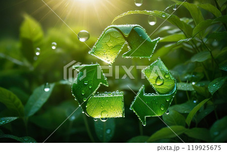 green recycling symbol on background of plants and leaves green recycling symbol on background of plants and leaves 119925675