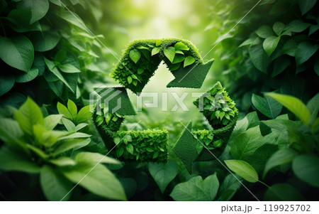 green recycling symbol on blurred nature background 119925702