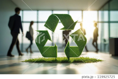 green recycling symbol in office on blurred background of employees green recycling symbol in office on blurred background of employees 119925725
