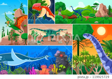 Prehistoric dinosaurs collage. Cartoon vector scenes with dino animals, elasmosaurus, tapejara, garudimimus, monolophosaurus, alvarezsaurus, hypselosaurus and spynosaurus in their natural environments 119925729