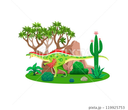 Raptor prehistoric dinosaur character. Isolated cartoon vector colorful carnivore bipedal dino with red feathers at lush landscape with tree and cacti. Ancient reptile animal at Jurassic era scene 119925753