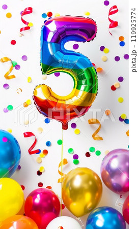 Rainbow balloon made in shape of number five on white background. Children birthday party for 5 years celebration. Banner or greeting card. Generative AI 119925774