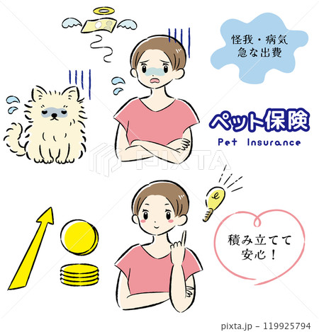 体調不良の犬と治療費に困る飼い主の女性のイラストセット 体調不良の犬と治療費に困る飼い主の女性のイラストセット 119925794