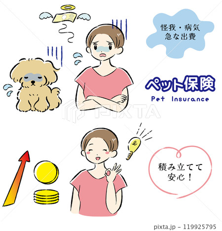 体調不良の犬と治療費に困る飼い主の女性のイラストセット 119925795