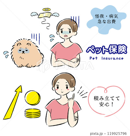 体調不良の犬と治療費に困る飼い主の女性のイラストセット 体調不良の犬と治療費に困る飼い主の女性のイラストセット 119925796
