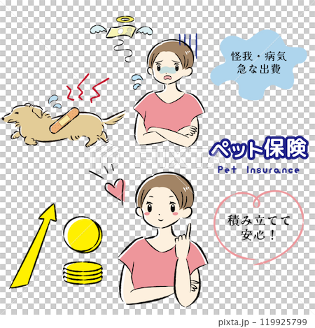 怪我をした犬と治療費に困る飼い主の女性のイラストセット 119925799