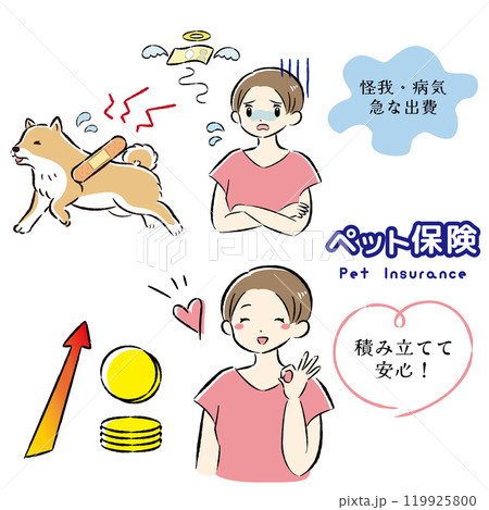 怪我をした犬と治療費に困る飼い主の女性のイラストセット 怪我をした犬と治療費に困る飼い主の女性のイラストセット 119925800