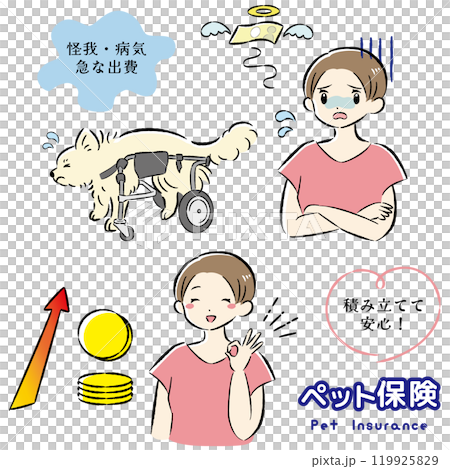 犬のペット保険のイメージと飼い主の女性のイラストセット 119925829