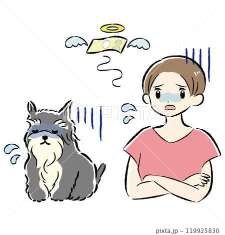 体調不良の犬と治療費に困る飼い主の女性のイラストセット 119925830