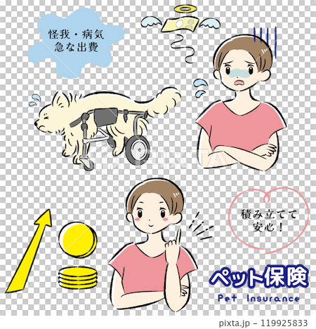 犬のペット保険のイメージと飼い主の女性のイラストセット 犬のペット保険のイメージと飼い主の女性のイラストセット 119925833