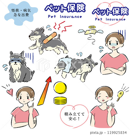 犬のペット保険のイメージと飼い主の女性のイラストセット 119925834