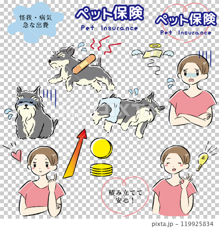 犬のペット保険のイメージと飼い主の女性のイラストセット 119925834