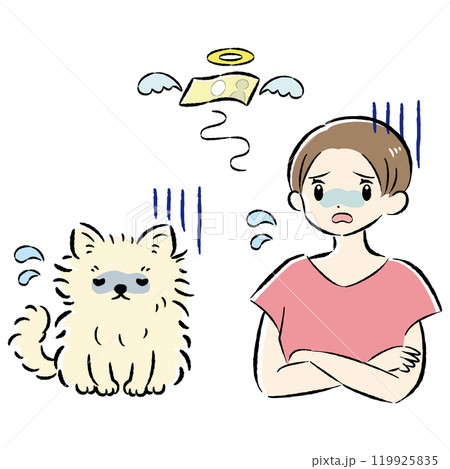 体調不良の犬と治療費に困る飼い主の女性のイラストセット 体調不良の犬と治療費に困る飼い主の女性のイラストセット 119925835