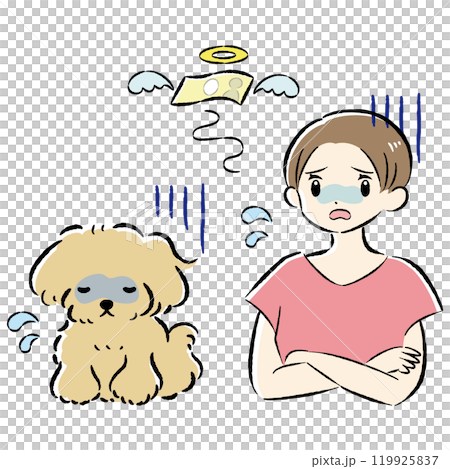 Illustration set of an unwell dog and its female owner struggling with medical expenses 119925837