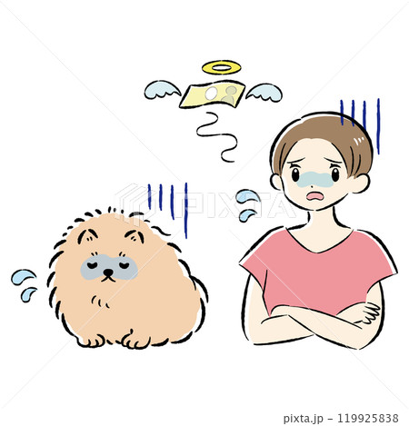 体調不良の犬と治療費に困る飼い主の女性のイラストセット 119925838