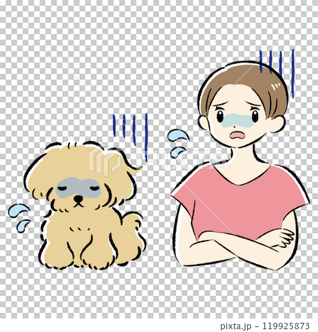 Illustration set of an unwell dog and a worried female owner 119925873