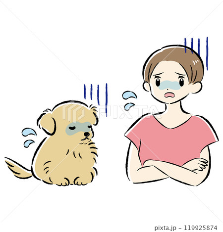 体調不良の犬と心配する飼い主の女性のイラストセット 119925874