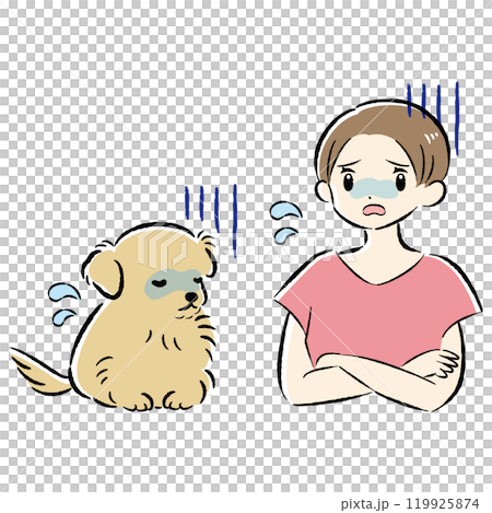 一隻不適的狗和一位憂心忡忡的女主人的插圖集 119925874