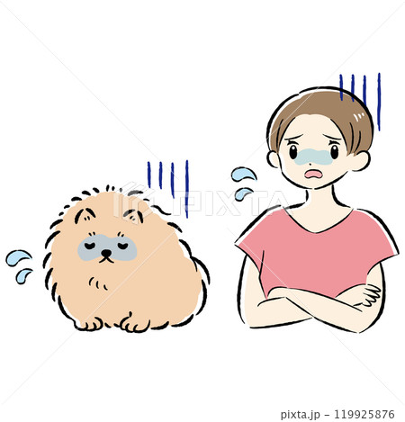 体調不良の犬と心配する飼い主の女性のイラストセット 体調不良の犬と心配する飼い主の女性のイラストセット 119925876