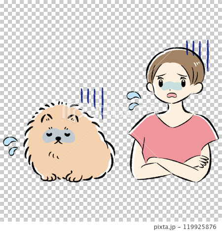 Illustration set of an unwell dog and a worried female owner 119925876