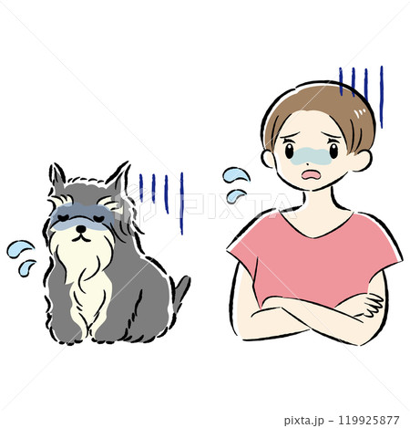 体調不良の犬と心配する飼い主の女性のイラストセット 119925877