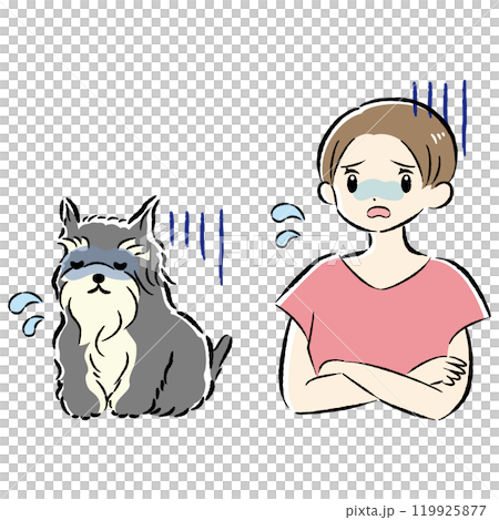 体調不良の犬と心配する飼い主の女性のイラストセット 119925877