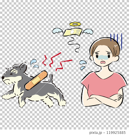 一隻受傷的狗和一位憂心忡忡的女主人的插圖集 一隻受傷的狗和一位憂心忡忡的女主人的插圖集 119925885