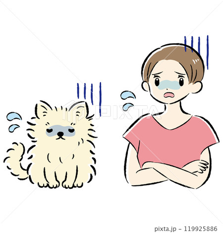 体調不良の犬と心配する飼い主の女性のイラストセット 119925886