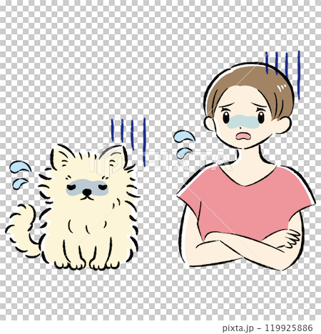 体調不良の犬と心配する飼い主の女性のイラストセット 119925886