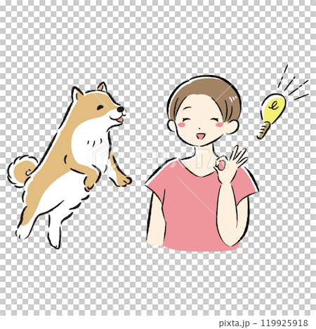 ジャンプする犬とアイデアを思いつく飼い主のイラストセット 119925918