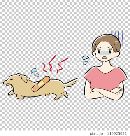 Illustration set of an injured dog and a worried female owner 119925921