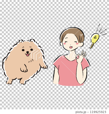 ジャンプする犬とアイデアを思いつく飼い主のイラストセット 119925923