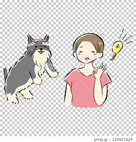 一隻跳躍的狗和一個想出一個主意的主人的插圖集 一隻跳躍的狗和一個想出一個主意的主人的插圖集 119925924