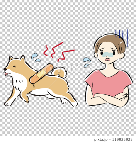 怪我をした犬と心配する飼い主の女性のイラストセット 119925925