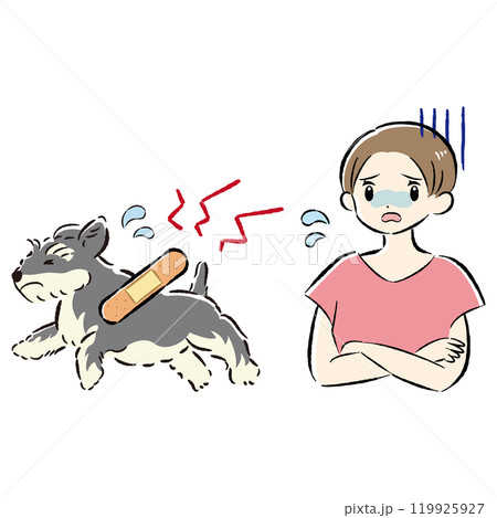 怪我をした犬と心配する飼い主の女性のイラストセット 119925927