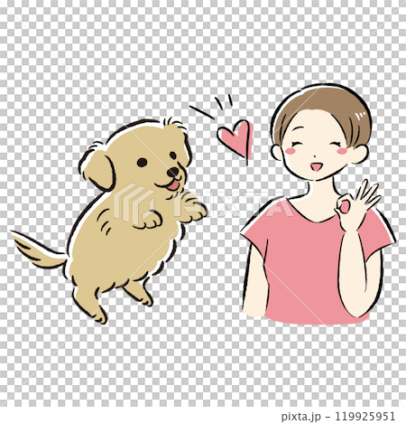 ジャンプする犬と笑顔の飼い主のイラストセット ジャンプする犬と笑顔の飼い主のイラストセット 119925951