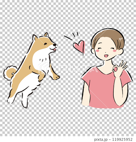 ジャンプする犬と笑顔の飼い主のイラストセット 119925952